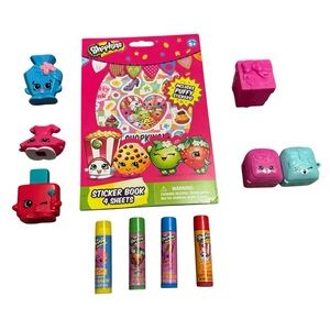 Shopkins lot 4 lip balms, 3 figures, over 120 stickers & storage accessories